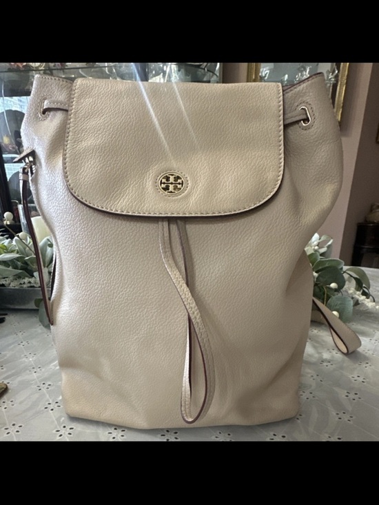 Tory Burch Handbags - Tory Burch Beige Cream Leather Drawstring Backpack with Gold Logo